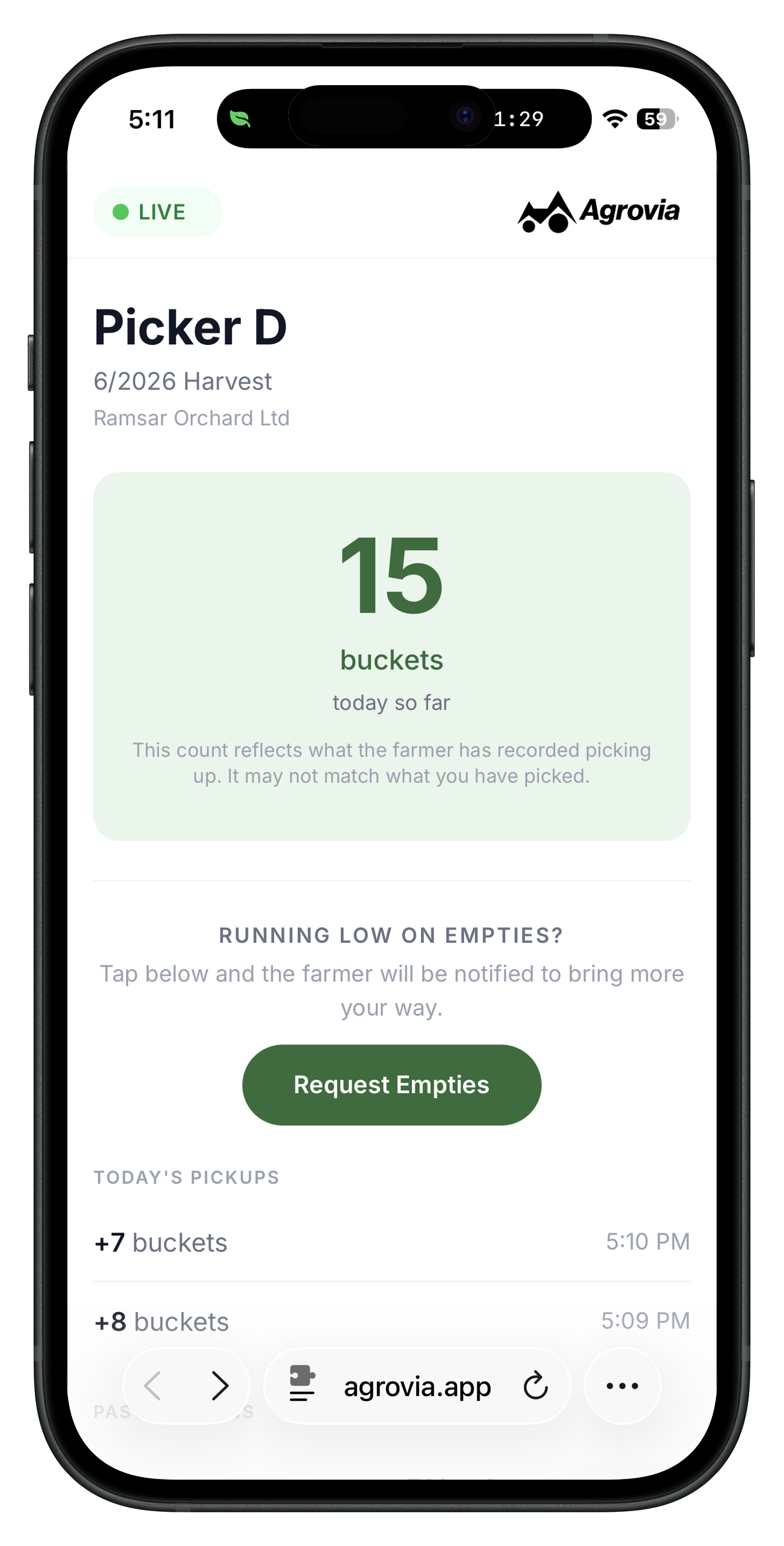 Picker portal showing session stats and the request empties button
