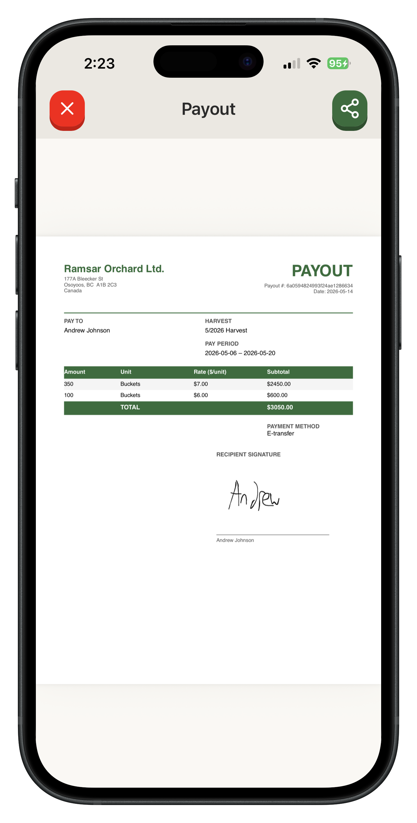 A generated Agrovia PDF payout with picker signature