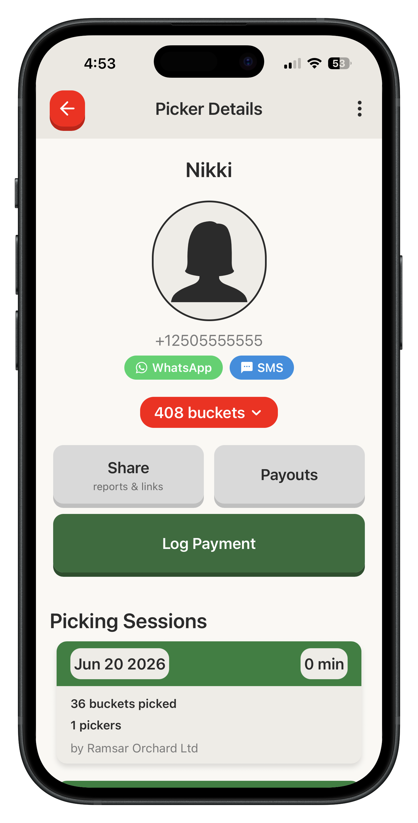 Agrovia picker profile with saved number showing session history and one-tap messaging shortcuts